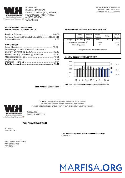 Realistic USA Minnesota Wright Hennepin business utility bill template in Word and PDF formats